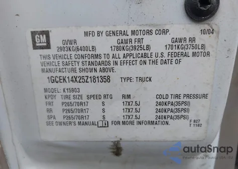 2005 Chevrolet Silverado 1500 Work Truck from USA, damaged, VIN 1GCEK14X25Z181358